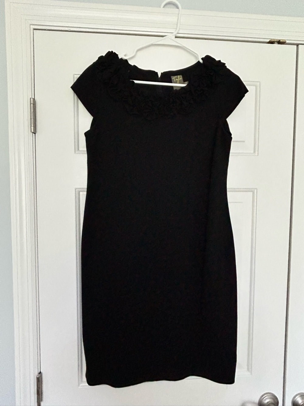 Taylor: Women's Black Cap-Sleeve Dress with Floral Neckline